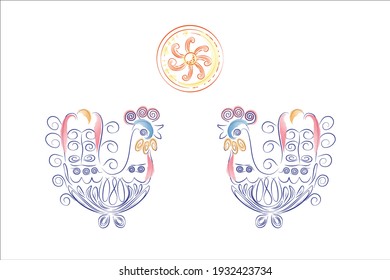 Composition with cockerels and the sun based on Russian folk embroidery.