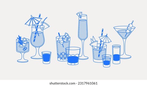 Composition of cocktails. Line art, retro. Vector illustration for bars, cafes, and restaurants.