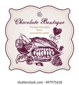  Composition of cocoa beans and chocolate candies in frame. Vector illustration. Menu, label or signboard template, Vintage style poster.