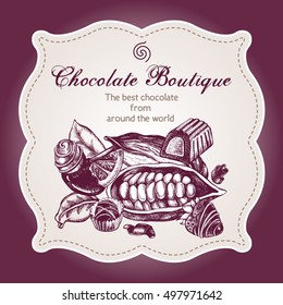  Composition of cocoa beans and chocolate candies in frame. Vector illustration. Menu, label or signboard template, Vintage style poster.