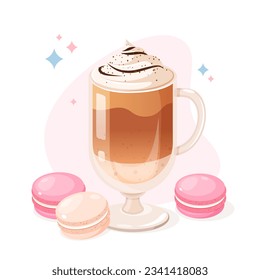 Composition of a coffee cup and colorful macaroons