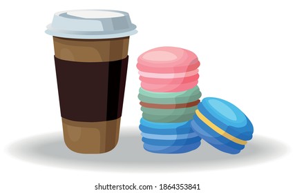 Composition of a coffee cup and colorful stack of macarons. Vector