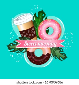 Composition of coffee and donuts with tropic leaves. 