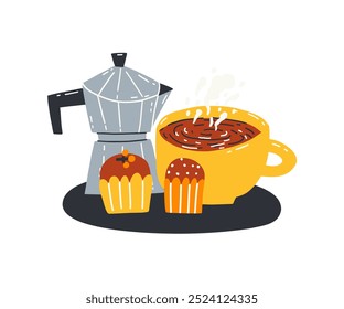 Composition with a coffee maker, a cup of coffee and cupcakes. Vector illustration in flat style.