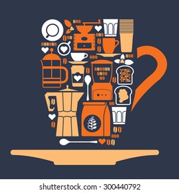 Composition with coffee silhouettes in a shape of coffee mug.