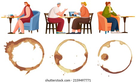 Composition of coffee or tea stains, splashes, drops. People at table in cafe or restaurant. Trace from drink and characters eating in establishment vector illustration. Spending time in coffee shop