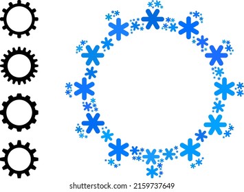 Composition cog icon is combined for winter, New Year, Christmas. Cog icon mosaic is designed from light blue snow icons. Some similar icons are added.