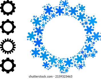 Composition cogwheel icon is combined for winter, New Year, Christmas. Cogwheel icon mosaic is formed from light blue snow icons. Some bonus icons are added.