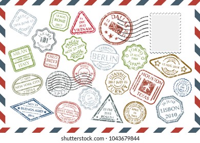 Composition with collection of colorful grungy stamps with text and postmarks on rectangular postal envelope. Postal Stamps set in different shapes and colors with name of city. Vector illustration