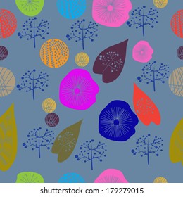 Composition of colored leaves,  blue twigs and geometric shapes with subtraction of them. Seamless pattern.