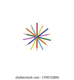 Composition of colored pencils for drawing and teaching. Vector illustration isolated on white background. For the presentation of the abstract, poster, banner