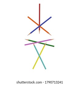 Composition of colored pencils for drawing and teaching. Vector illustration isolated on white background. For presentation, poster, banner decoration.
