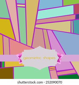 Composition of colored shapes, quadrangles, label on a pink background.