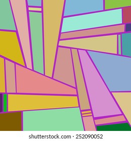 Composition of colored shapes, quadrangles on a pink background.