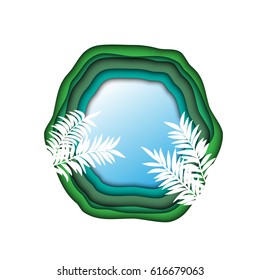 A composition of colored volumetric layers of paper of green and blue and white silhouettes of tropical coconut palm leaves. Applique can be used in the newsletter, brochures, postcards, banner.
