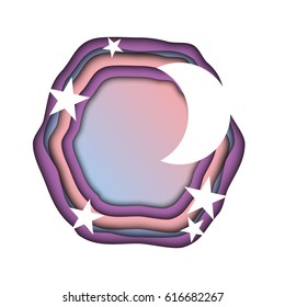 A composition of colored volumetric layers of paper of pink, blue and lilac and silhouettes of stars and moon. Dream. Applique can be used in the newsletter, brochures, postcards, banner.