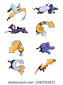 A composition of colorful, abstract arrows and shapes in purple, yellow, and blue. This design features dynamic forms that suggest movement and creativity, ideal for artistic applications.