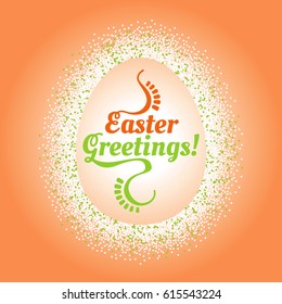 Composition with a colorful confetti frame around a big Easter egg with a congratulatory text inside. Celebration post card with border