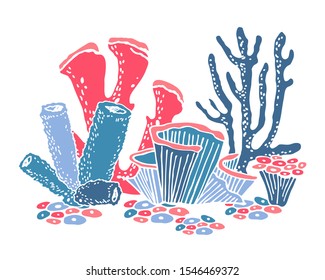 Composition with colorful corals. Hand drawn vector illustration on white background