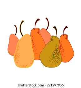 Composition with colorful hand drawn pears in a group on white background. Vector illustration.