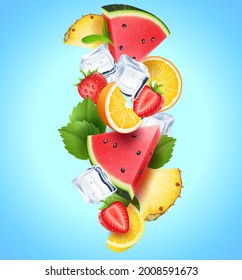 Composition of colorful Realistic falling pieces of fruits, berries, mint leaves and ice cubes - product label cover concept, vector illustration