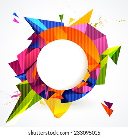 Composition of colorful round frame and geometric design elements.