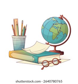 Composition of colorful vector illustration of globe, book with glasses, glass with pens and pencils isolated on white. Concept of back to school, study, geography and education.