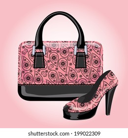 The composition of combined colors handbag with high heel shoes.Gorgeous set of Paisley pattern ,lacquered leather.Fashion Vector illustration.