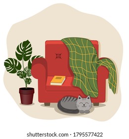 A composition of comfort, a red chair with a blanket and a book, a cat lying next to it and a flower, a color marble illustration , a clipart, design, decoration, an icon, a sign, a sketch, a banner