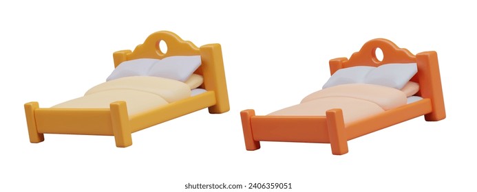 Composición con cómodas camas para parejas. Colcha de madera en tonos amarillos y naranjas. El concepto de mobiliario casero. Ilustración vectorial en estilo 3d con fondo blanco