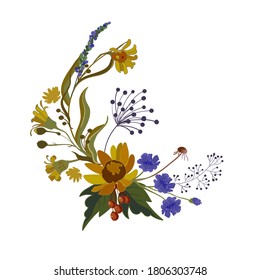 Composición de una tarjeta de felicitación con una gran flor de color naranja y ramitas abiertas con flores y bayas alrededor, sobre un fondo blanco