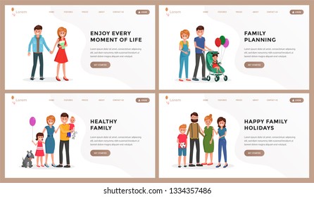 Composition consist of webpage template enjoy every moment of life, child planning, healthy family, happy vacation vector illustration. People standing and smiling with relatives. Place for text