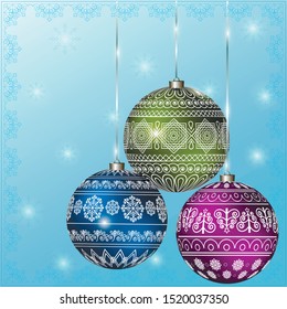 The composition consists of three multi-colored, Christmas balls, which are applied to different ornaments.