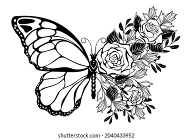 Composition of contour butterfly and bouquet of silhouette roses and ornamental plants on white background.