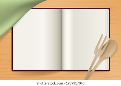 Composition with a cookbook seen from above with blank pages to write and present a recipe.