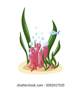 Composition coral in seaweed isolated on white background. Cartoon image with fish and starfish for children. Simple kid print fish. Design for any purposes. Vector illustration.