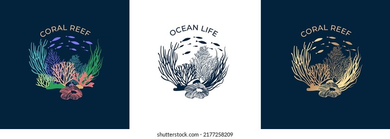 Composition of corals, reefs and algae. Multi-colored and golden reefs and corals on a dark blue background. Can be used to create a logo, icon, sing, pattern. Ocean life. Seabed vector illustration