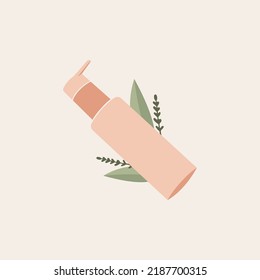 Composition with cosmetic bottle and leaves. Vector Illustration