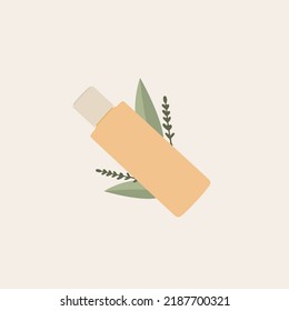 Composition with cosmetic bottle and leaves. Vector Illustration