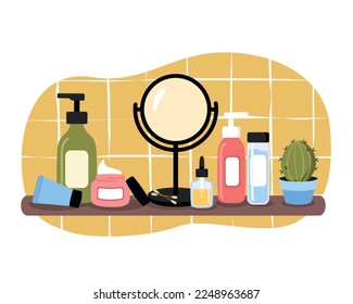 Composition with cosmetic products on the shelf, cleanser, cream, toner, mirror, face oil. Skin care routine set. 
