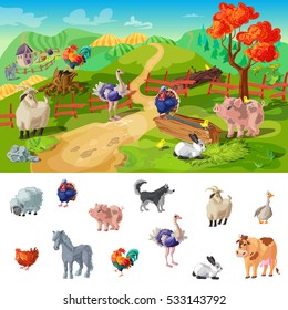 Composition of countryside scenery with cartoon style farm animals and isolated decorative icons images of them vector illustration