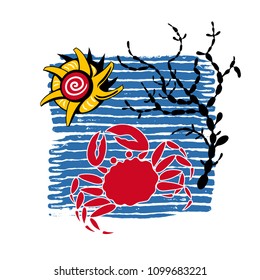 Composition with crab, coral and horned shell Bolinus.Vector sea illustration. Print.