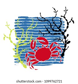 Composition with crab and two corals Isis Hippuris on a striped background.Vector sea illustration. Print.