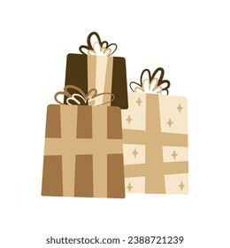 Composition of craft gift boxes for Christmas, New Year or Birthday party. Flat design element.