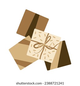 Komposition der handwerklichen Geschenkbox zu Weihnachten, Neujahr oder Geburtstag. Flaches Design-Element.