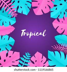 Composition with creative pink blue jungle leaves on violet background in paper cut style. Tropical leaf frame, template for design poster, banner, flyer T-shirt printing, Vector card illustration.