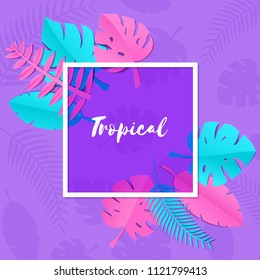 Composition with creative pink blue jungle leaves on purple background in paper cut style. Tropical leaf violet glass square frame, template for design poster, banner, flyer T-shirt printing, Vector.