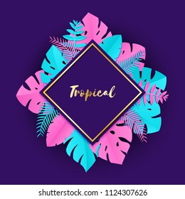 Composition with creative pink blue jungle leaves on violet background in paper cut style. Tropical leaf gold rhombus frame, template for design poster, banner, flyer T-shirt printing, Vector.