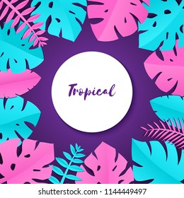 Composition with creative pink blue jungle leaves on violet background in paper cut style. Tropical leaf white round frame, template for design poster, banner, flyer T-shirt printing, Vector