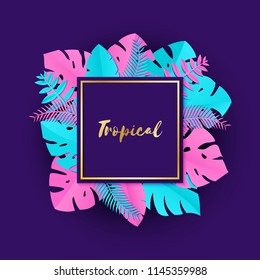 Composition with creative pink blue jungle leaves on violet background in paper cut style. Tropical leaf gold square frame, template for design poster, banner, flyer T-shirt printing, Vector.